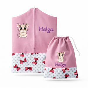Ovis zsák + tornazsák szett névvel és jellel (rózsaszín + piros-pöttyös masnis), ajándék szeretetküldővel, Játék & Sport, Ovis felszerelés, Ovis szett, Varrás, Mindenmás, MESKA