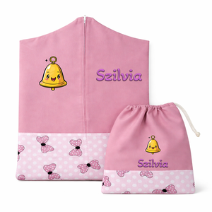 Ovis zsák + tornazsák szett névvel és jellel (rózsaszín + rózsaszín-pöttyös masnis), ajándék szeretetküldővel, Játék & Sport, Ovis felszerelés, Ovis szett, Varrás, Mindenmás, MESKA