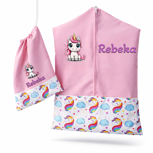 Ovis zsák + tornazsák szett névvel és jellel (rózsaszín + szivárványos sörényű unikornisos), ajándék szeretetküldővel, Játék & Sport, Ovis felszerelés, Ovis szett, Varrás, Mindenmás, MESKA