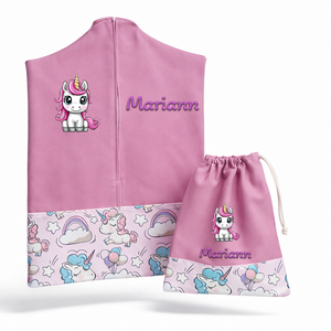 Ovis zsák + tornazsák szett névvel és jellel (rózsaszín + unikornisos), ajándék szeretetküldővel, Játék & Sport, Ovis felszerelés, Ovis szett, Varrás, Mindenmás, MESKA