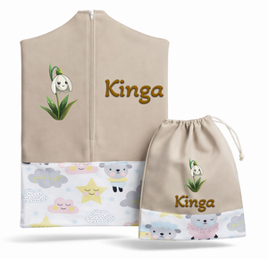 Ovis zsák + tornazsák szett névvel és jellel (drapp + báránykás), ajándék szeretetküldővel, Játék & Sport, Ovis felszerelés, Ovis szett, Varrás, Mindenmás, MESKA