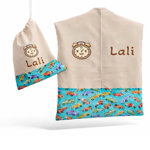 Ovis zsák + tornazsák szett névvel és jellel (drapp + színes autós), ajándék szeretetküldővel, Játék & Sport, Ovis felszerelés, Ovis szett, Varrás, Mindenmás, MESKA