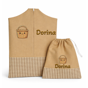 Ovis zsák + tornazsák szett névvel és jellel (mogyoróbarna + kockás), ajándék szeretetküldővel, Játék & Sport, Ovis felszerelés, Ovis szett, Varrás, Mindenmás, MESKA