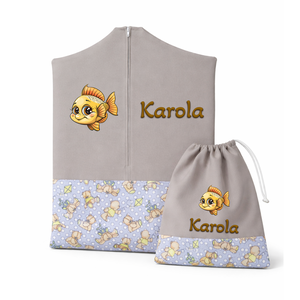 Ovis zsák + tornazsák szett névvel és jellel (drapp + sárga pólós macis), ajándék szeretetküldővel, Játék & Sport, Ovis felszerelés, Ovis szett, Varrás, Mindenmás, MESKA