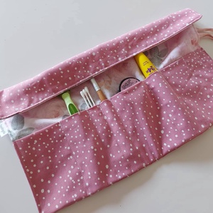 Pöttyös-bazsarózsás textil tok, tároló - otthon & életmód - papír, írószer - tolltartó & ceruzatekercs - Meska.hu