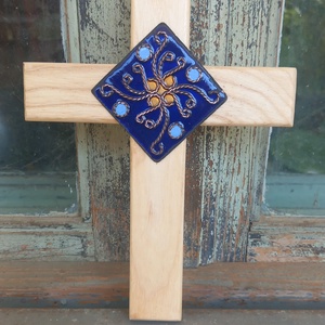 Kőrisfa kereszt tűzzománc rátéttel  - otthon & életmód - vallás - kereszt - Meska.hu