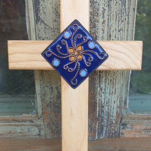 Kőrisfa kereszt tűzzománc rátéttel  - otthon & életmód - vallás - kereszt - Meska.hu