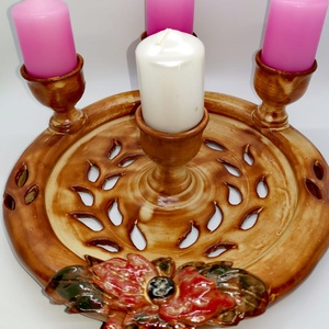 Barna kerámia Adventi dísz 4 gyertyának ,áttört díszítéssel Mikulásvirággal , Karácsony, Karácsonyi lakásdekoráció, Ünnepi asztaldekoráció, Kerámia, MESKA