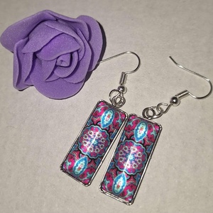 Pink-Türkiz Mandala Fülbevaló - Feltűnő, téglalap alakú kaboson fülönfüggő - ékszer - fülbevaló - lógó fülbevaló - Meska.hu