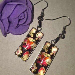 Sötét alapon pillangós Fülbevaló - Vintage stílusú, misztikus kaboson fülönfüggő, Ékszer, Fülbevaló, Lógó fülbevaló, Mindenmás, MESKA