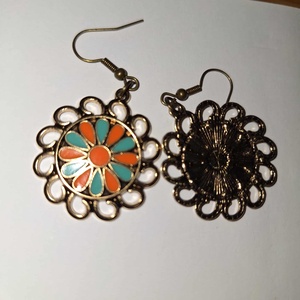 Boho/Vintage stílusú, türkiz-narancs virágos fülbevaló / Mandala medál fülbevaló - ékszer - fülbevaló - lógó fülbevaló - Meska.hu