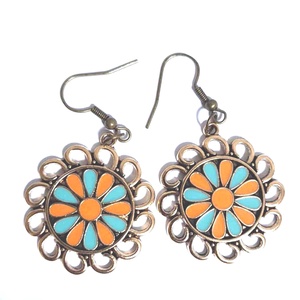 Boho/Vintage stílusú, türkiz-narancs virágos fülbevaló / Mandala medál fülbevaló, Ékszer, Fülbevaló, Lógó fülbevaló, Mindenmás, MESKA