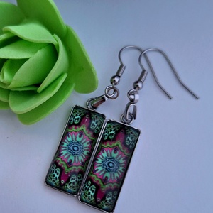 Vibráló Zöld-Rózsaszín Mandala Stílusú Fülbevaló (Futurisztikus Mintával), Ékszer, Fülbevaló, Lógó fülbevaló, Mindenmás, MESKA