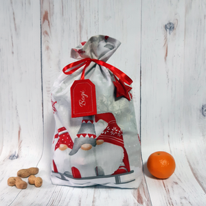 Piros és szürke manós textil Mikulás zsák a celofán zacskó helyett - kérdd nevesítve! - Meska.hu