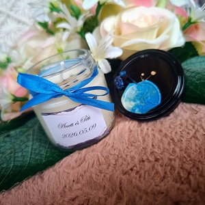 Eküvői köszönő ajándék vendégeknek feliratos ásvány gyertya kék - esküvő - emlék & ajándék - köszönőajándék - Meska.hu