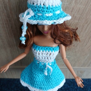 Barbie babára horgolt kék fehér ruha kalappal.  - játék & sport - baba & babaház - barbie ruhák - Meska.hu
