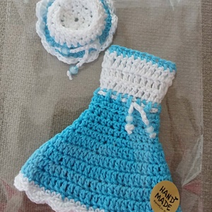 Barbie babára horgolt kék fehér ruha kalappal.  - játék & sport - baba & babaház - barbie ruhák - Meska.hu