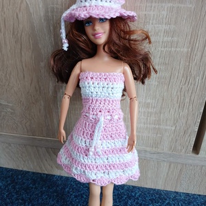 Barbie babára horgolt rózsaszín fehér ruha kalappal. , Játék & Sport, Baba & babaház, Barbie ruhák, Horgolás, MESKA
