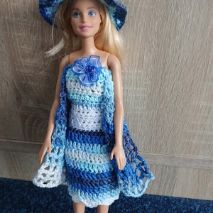 Kék-fehér horgolt Barbie ruha kalappal. , Játék & Sport, Baba & babaház, Barbie ruhák, Horgolás, MESKA