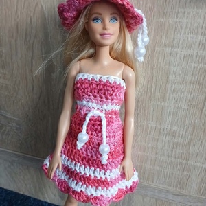 Pink-fehér horgolt Barbie ruha kalappal. , Játék & Sport, Baba & babaház, Barbie ruhák, Horgolás, MESKA