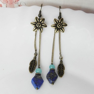 Inka - bronz fülbevaló lapis lazuli kővel, Ékszer, Fülbevaló, Lógó fülbevaló, Ékszerkészítés, MESKA