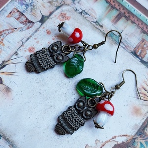 Erdei Séta - bronz fülbevaló baglyokkal - ékszer - fülbevaló - lógó fülbevaló - Meska.hu