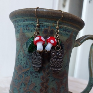 Erdei Séta - bronz fülbevaló baglyokkal - ékszer - fülbevaló - lógó fülbevaló - Meska.hu