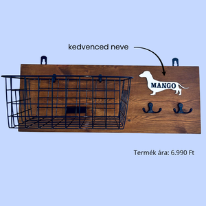 Tacskó mintás fali konzol játéktároló kosárral és póráz akasztóval (névvel kérhető), Otthon & Életmód, Kisállatoknak, Kutyáknak, Kutya póráz, Famegmunkálás, MESKA