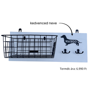 Tacskó mintás fali konzol játéktároló kosárral és póráz akasztóval (névvel kérhető), Otthon & Életmód, Kisállatoknak, Kutyáknak, Jutalomfalat tartó, , MESKA