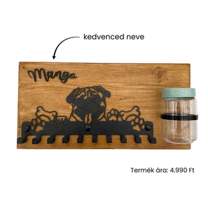 Mopsz mintájú fali konzol pórázakasztó (névvel kérhető), Otthon & Életmód, Kisállatoknak, Kutyáknak, Kutya póráz, Famegmunkálás, MESKA