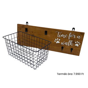 Kutyás fali konzol játéktároló kosárral és pórázakasztóval Time for a walk szöveggel, Otthon & Életmód, Kisállatoknak, Kutyáknak, Jutalomfalat tartó, Famegmunkálás, MESKA