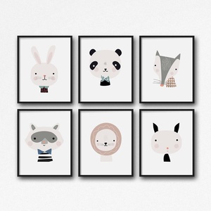 Babaszoba / Gyerekszoba falikép, skandináv stílusú állatok - nyuszi, panda, róka, mosómedve, oroszlán, kecske - A4 méret, Otthon & Életmód, Kép & Falikép, Dekoráció, Fotó, grafika, rajz, illusztráció, MESKA
