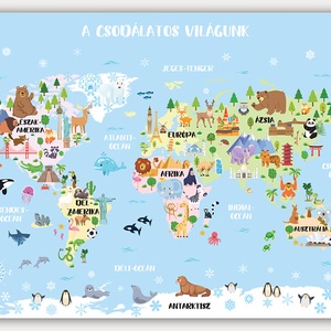 Állatos világtérkép - babaszoba dekoráció, földgömb, állatos atlasz poszter keret nélkül - Meska.hu