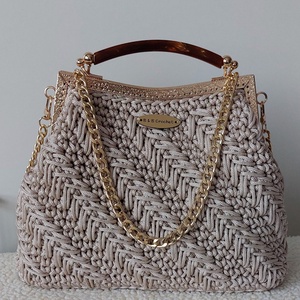 Elegáns horgolt táska , Táska & Tok, Kézitáska & válltáska, Válltáska, , Bézs-arany elegáns horgolt táska poliészter fonalból, csattal és lánccal., MESKA