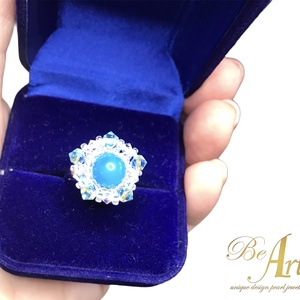 Swarovski gyűrű kék sávos Achát golyóval nikkelmentes - ékszer - gyűrű - gyöngyös gyűrű - Meska.hu