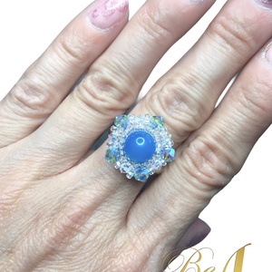 Swarovski gyűrű kék sávos Achát golyóval nikkelmentes - ékszer - gyűrű - gyöngyös gyűrű - Meska.hu