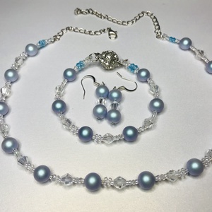 Swarovski Iridescent Light Blue gyöngy karkötő, nyaklánc, fülbevaló ékszerszett kék, crystal AB  - ékszer - ékszerszett - Meska.hu