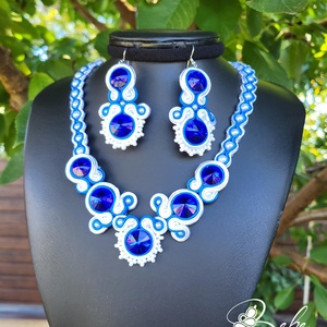  Kék- fehér kézműves sujtás ékszerszett, Esküvő, Ékszer, Ékszerszett, Gyöngyfűzés, gyöngyhímzés, Varrás, MESKA