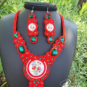 Matyó mintás piros kézműves sujtás ékszerszett, Ékszer, Ékszerszett, Gyöngyfűzés, gyöngyhímzés, Varrás, MESKA