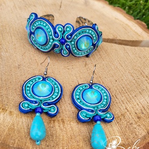 Türkiz- kék- ezüst kézműves sujtás ékszerszett karpereccel, Ékszer, Ékszerszett, Gyöngyfűzés, gyöngyhímzés, Varrás, MESKA