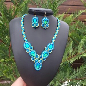 Páva színvilág classic kézműves sujtás fülbevaló és nyaklánc szett, Ékszer, Ékszerszett, Gyöngyfűzés, gyöngyhímzés, Varrás, MESKA