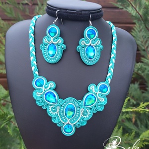 Türkiz tündérkorona gyöngyözött kézműves sujtás fülbevaló és nyakék szett, Ékszer, Ékszerszett, Gyöngyfűzés, gyöngyhímzés, Varrás, MESKA