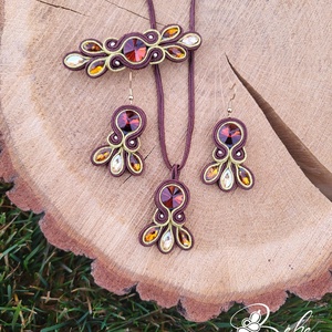 Aranyfahéj elegancia kézműves sujtás fülbevaló, nyaklánc és francia csat szett, Ékszer, Ékszerszett, Gyöngyfűzés, gyöngyhímzés, Varrás, MESKA