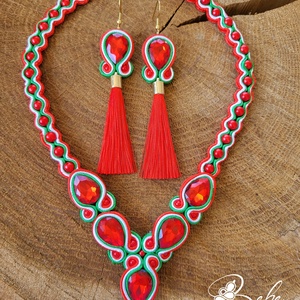 Magyaros, nemzetiszín kézműves sujtás fülbevaló és nyaklánc szett, Ékszer, Ékszerszett, Gyöngyfűzés, gyöngyhímzés, Varrás, MESKA