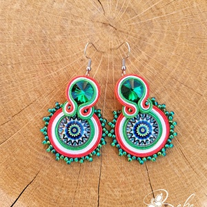 Nemzetiszín mandala gyöngycsipkézett kézműves sujtás fülbevaló, Ékszer, Ékszerszett, Gyöngyfűzés, gyöngyhímzés, Varrás, MESKA