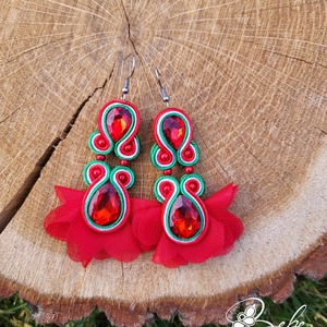 Dupla köves virág nemzetiszín kézműves sujtás fülbevaló, Ékszer, Fülbevaló, Lógó fülbevaló, Gyöngyfűzés, gyöngyhímzés, Varrás, MESKA