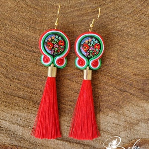 Matyó bojtos nemzetiszín kézműves sujtás fülbevaló, Ékszer, Fülbevaló, Lógó fülbevaló, Gyöngyfűzés, gyöngyhímzés, Varrás, MESKA