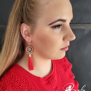 Matyó bojtos nemzetiszín kézműves sujtás fülbevaló - ékszer - fülbevaló - lógó fülbevaló - Meska.hu