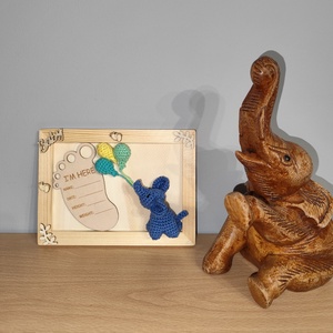 Kézműves babaköszöntő kép / ajándék - horgolt elefánttal és lufikkal, Otthon & Életmód, Babaszoba, gyerekszoba, Babaszoba kép, Horgolás, MESKA