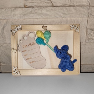 Kézműves babaköszöntő kép / ajándék - horgolt elefánttal és lufikkal - otthon & életmód - babaszoba, gyerekszoba - babaszoba kép - Meska.hu